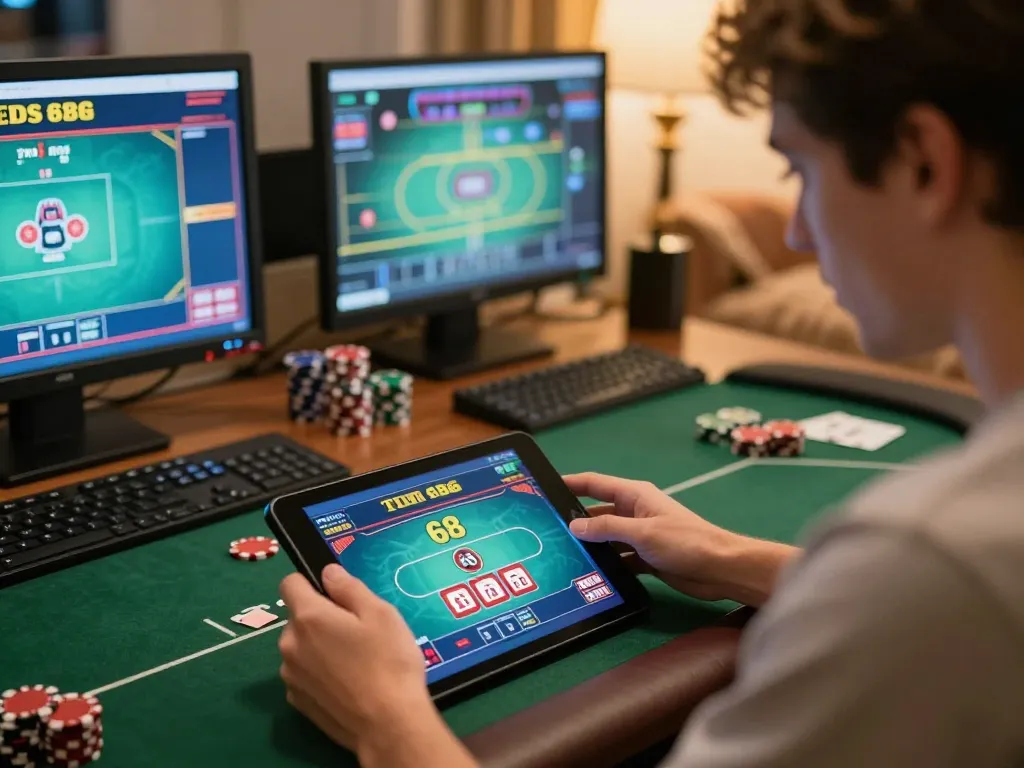 Twin68 poker gameplay on tablet showcased in a cozy online casino setting, illustrating focused entertainment.