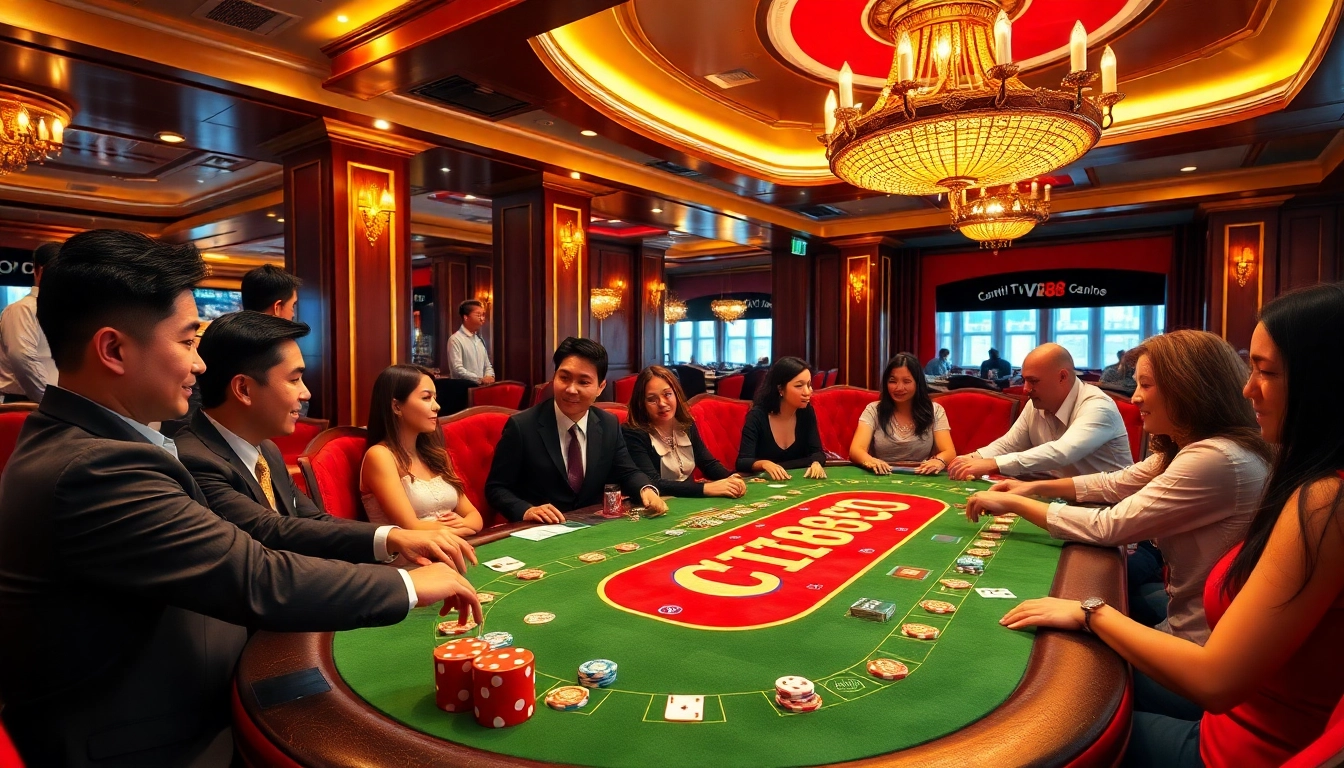 Players enjoying a vibrant TV88-themed casino table experience with excitement and high stakes.