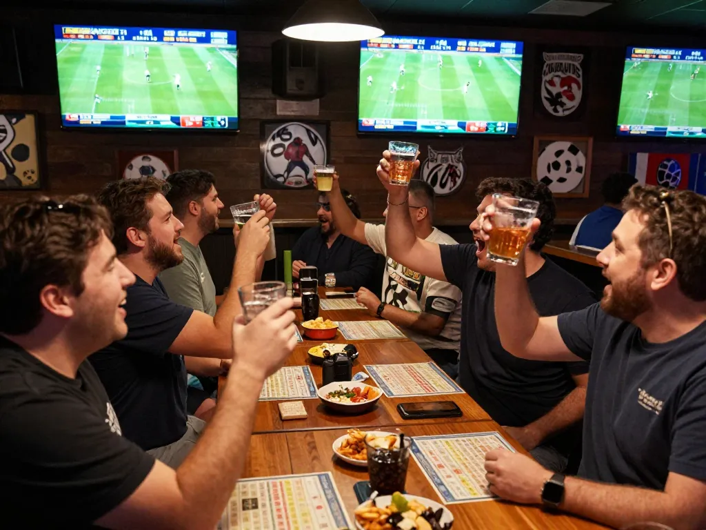 Excited fans placing football bets during a live match at a vibrant sports bar.
