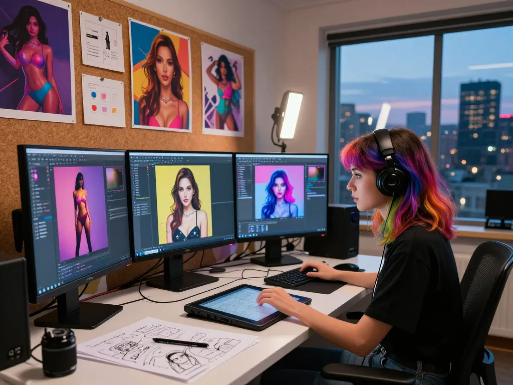 Creative studio scene of digital artist crafting AI porn visuals with multiple screens and colorful artwork.