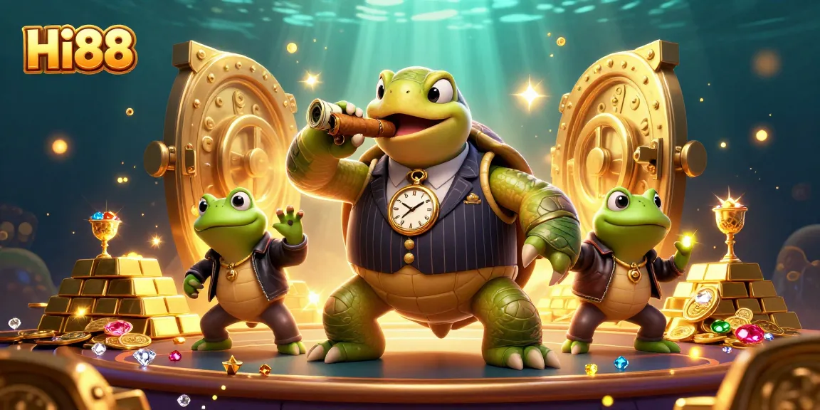 Experience the excitement of Hi88 with a vibrant 3D casino scene featuring a mobster turtle and frog enforcers.