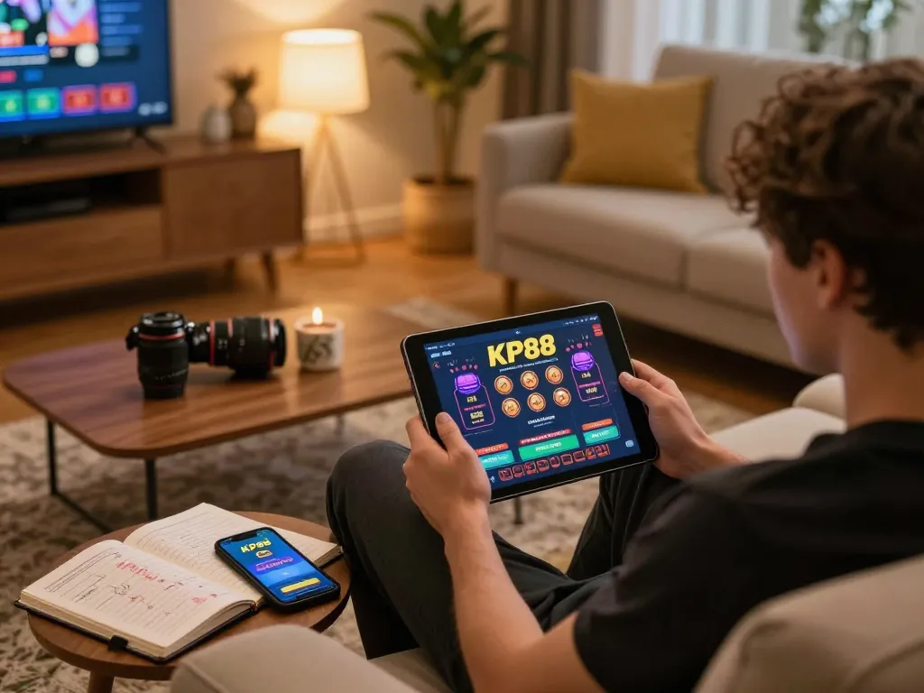 Engaging in online gaming at KP88, player uses tablet for immersive betting strategy review