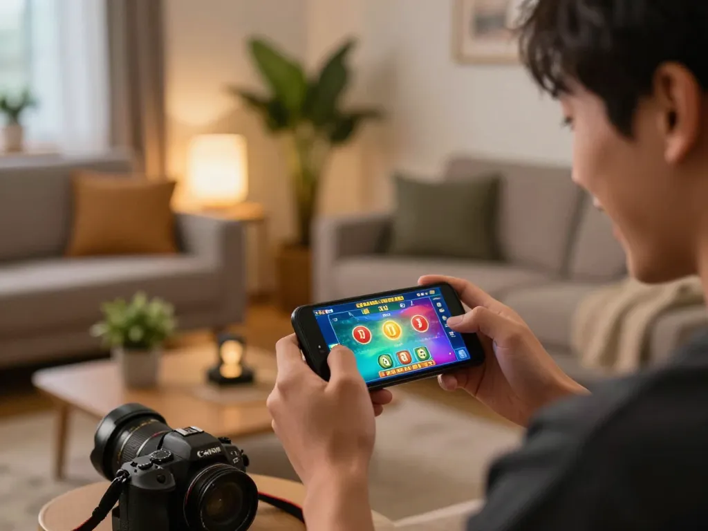 Excited player engaged in Tài Xỉu game on smartphone in cozy home setting