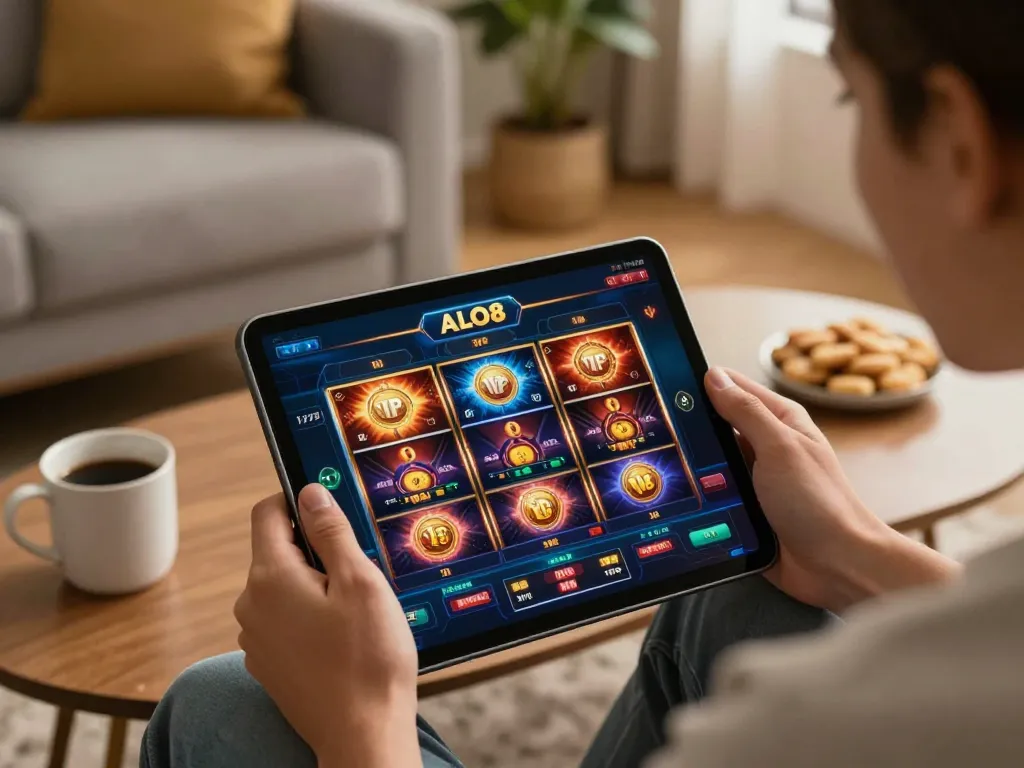 Player enjoying ALO8 VIP online casino app on tablet in a cozy setting, emphasizing fun and responsible gaming.