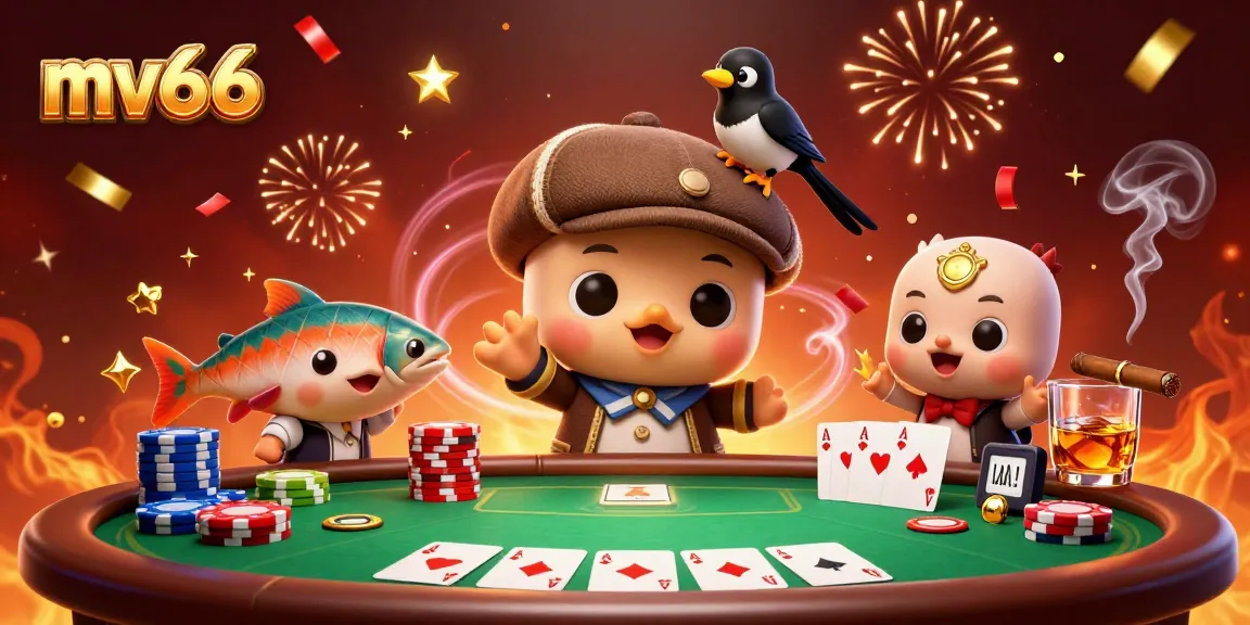 Mv66 showcases a playful cartoon Nessie with a magpie and salmon at a vibrant poker table.