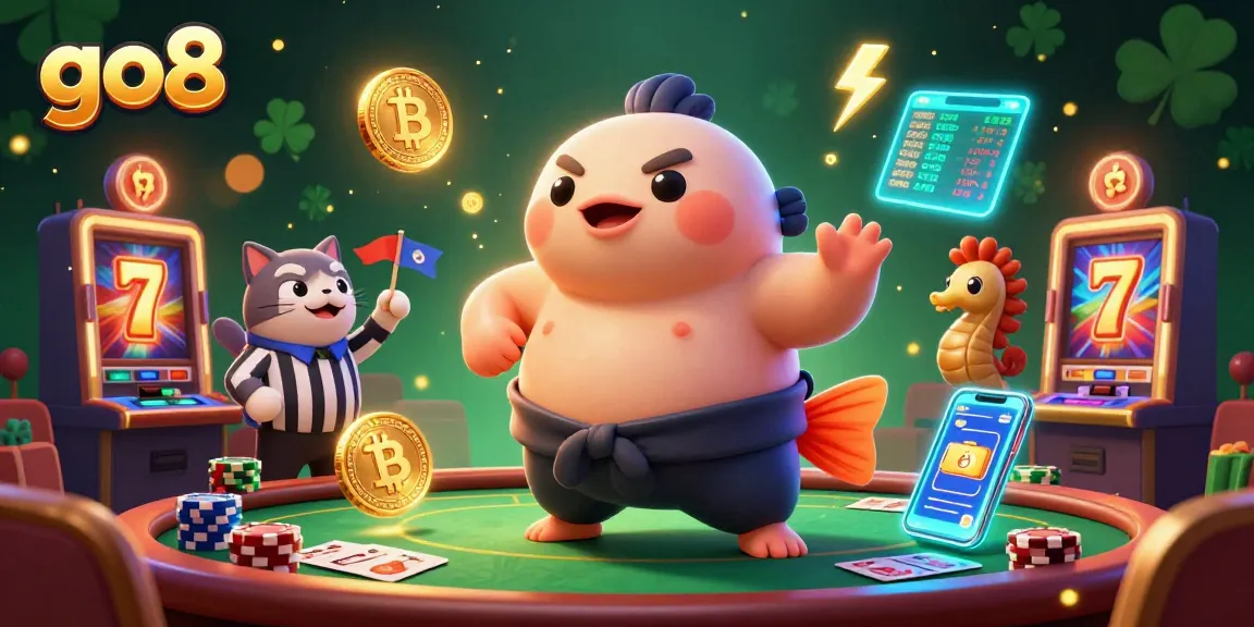 Engage with go8 and experience a vibrant casino scene featuring a sumo-fugu, lucky charms, and crypto elements.