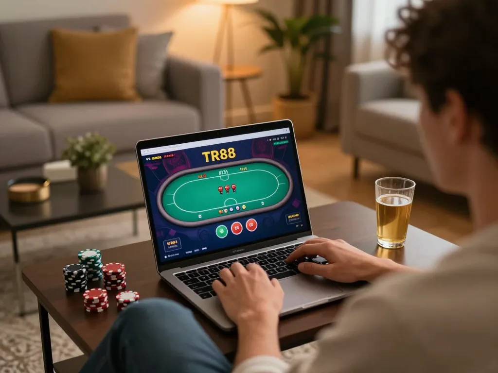 Player enjoying a TR88 poker game on a laptop in a cozy living room.