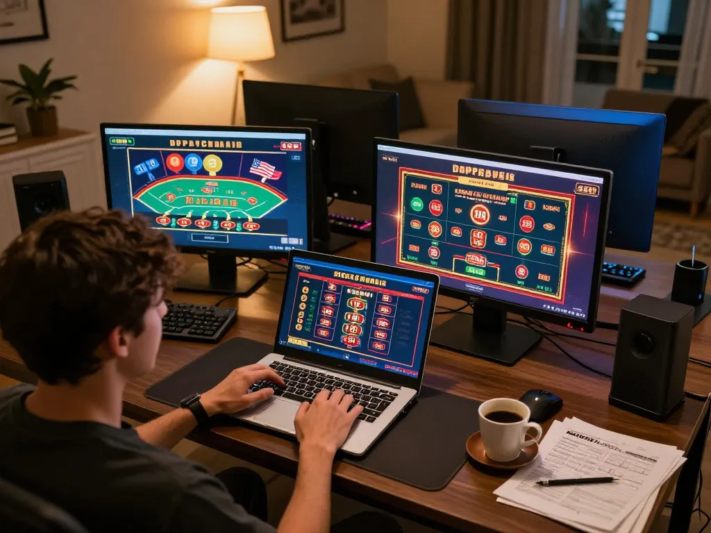 Player enjoying 98win online casino games on a laptop in a cozy setup, highlighting strategic gameplay