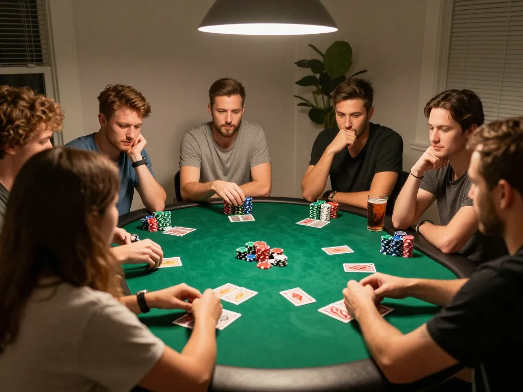 Friends enjoying a poker game at home with LV88 atmosphere, competitive spirit, and laughter.