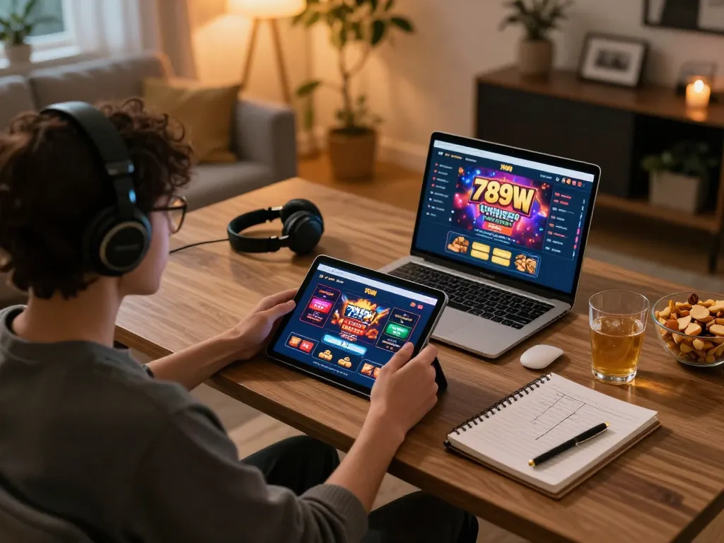 Engage in exciting gameplay at 789WIN with a tablet featuring casino interface in a cozy home setup.