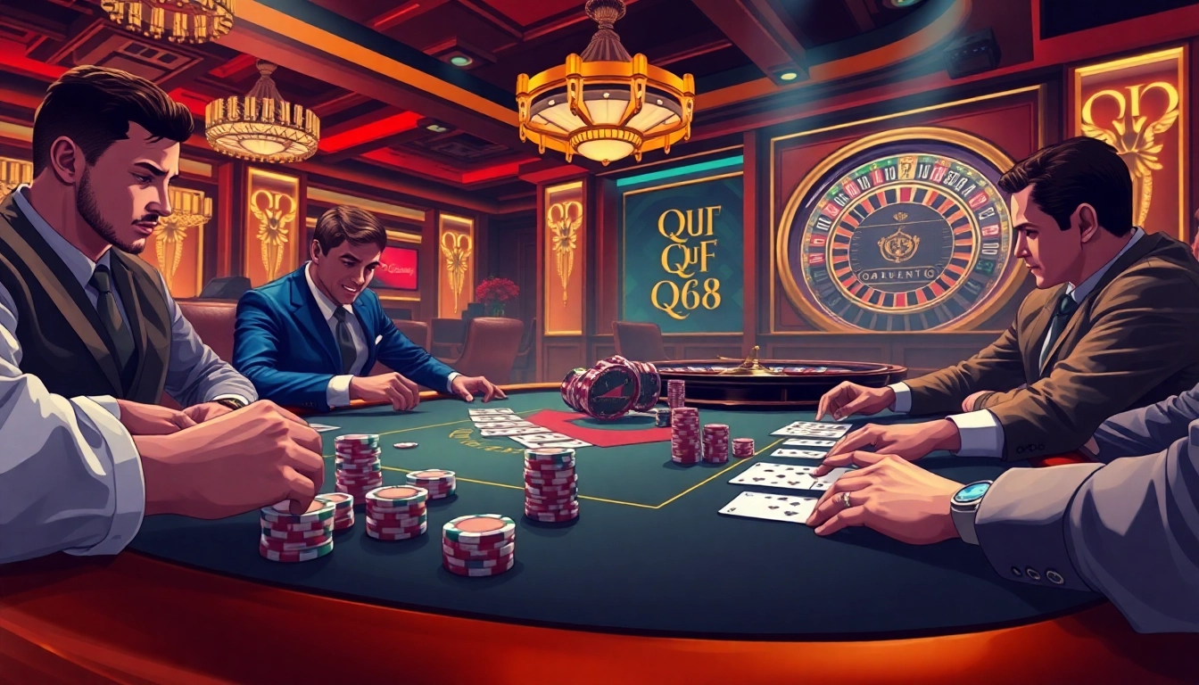 Watch players strategize with QQ88 poker chips at an upscale casino table.