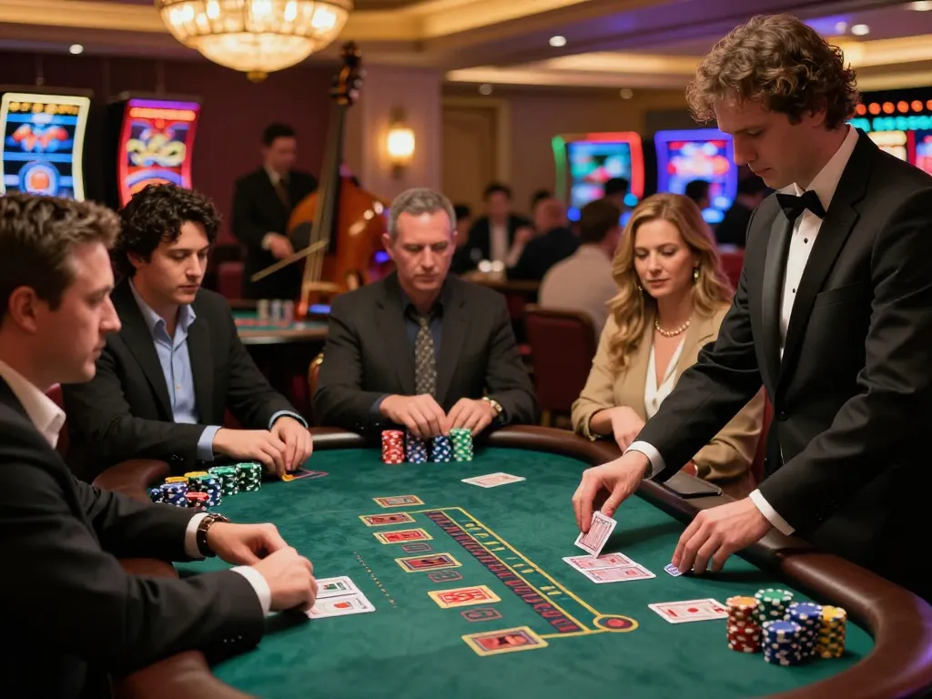 stepballl blackjack players engaged in game strategy at a lively Las Vegas casino table