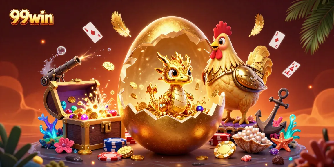 Experience 99win's exciting gaming world with a golden baby dragon nestled on poker chips.