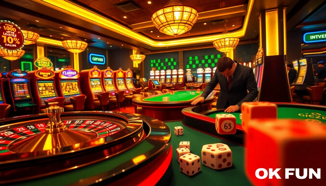 Players enjoying a thrilling casino experience at OKFUN, featuring vibrant slot machines and poker tables.