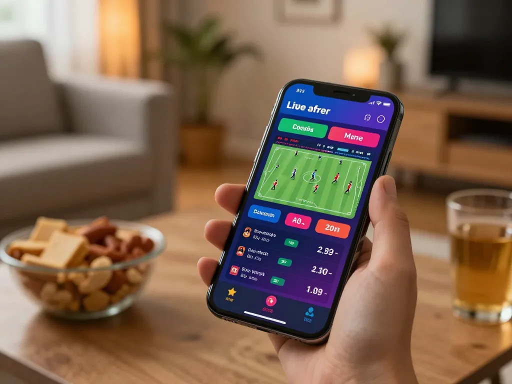 RR88 app showing live sports betting odds, enhancing the thrill of online gambling in a cozy home