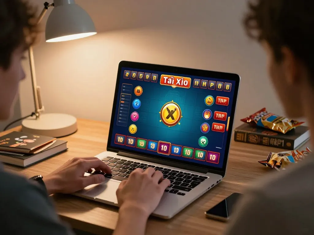 Tài xỉu online uy tín player engaged in strategic gameplay at home, laptop showing game interface.