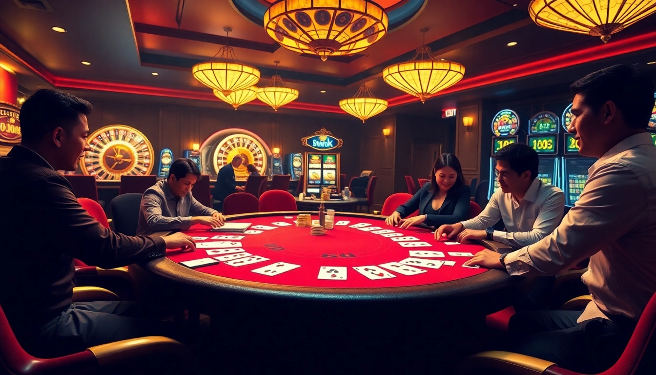 Exciting TG88 casino scene with poker table, cards, and vibrant slot machines.