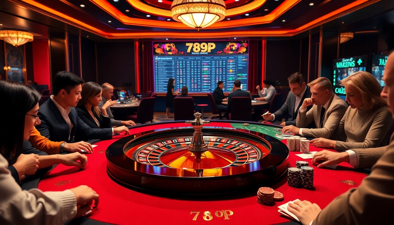 Engaging players at a luxurious casino table with vibrant elements of 789P gaming, showcasing excitement and strategy.