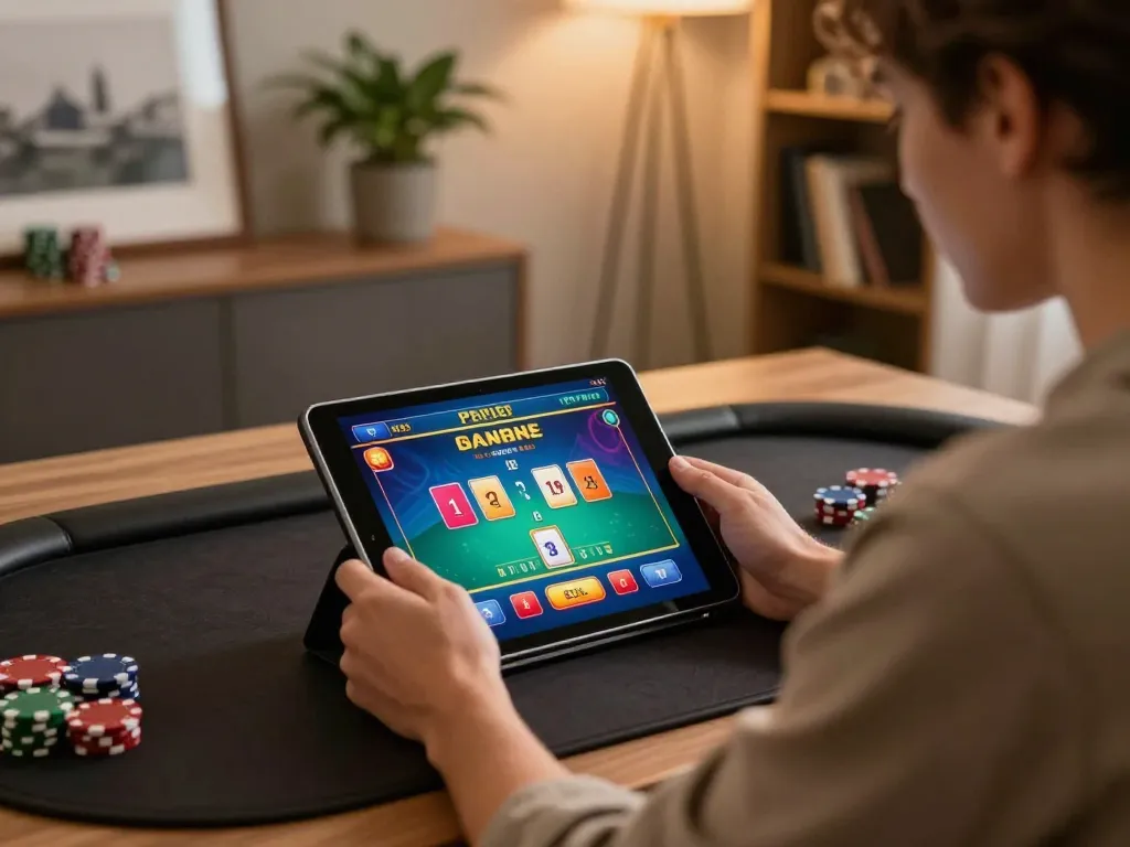Experience bl555 gaming highlights with a player engaged in strategic online poker at home.