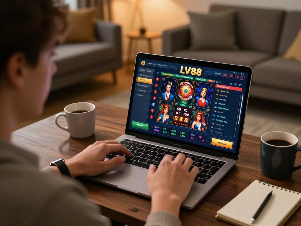Person engaging with LV88 online casino interface on laptop, strategizing bets in cozy setting.