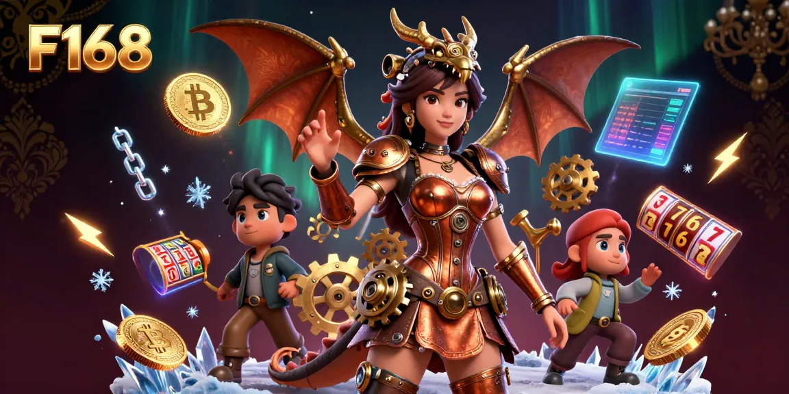 F168 features a captivating steampunk woman and clockwork dragon amidst vibrant slot reels and crypto coins.