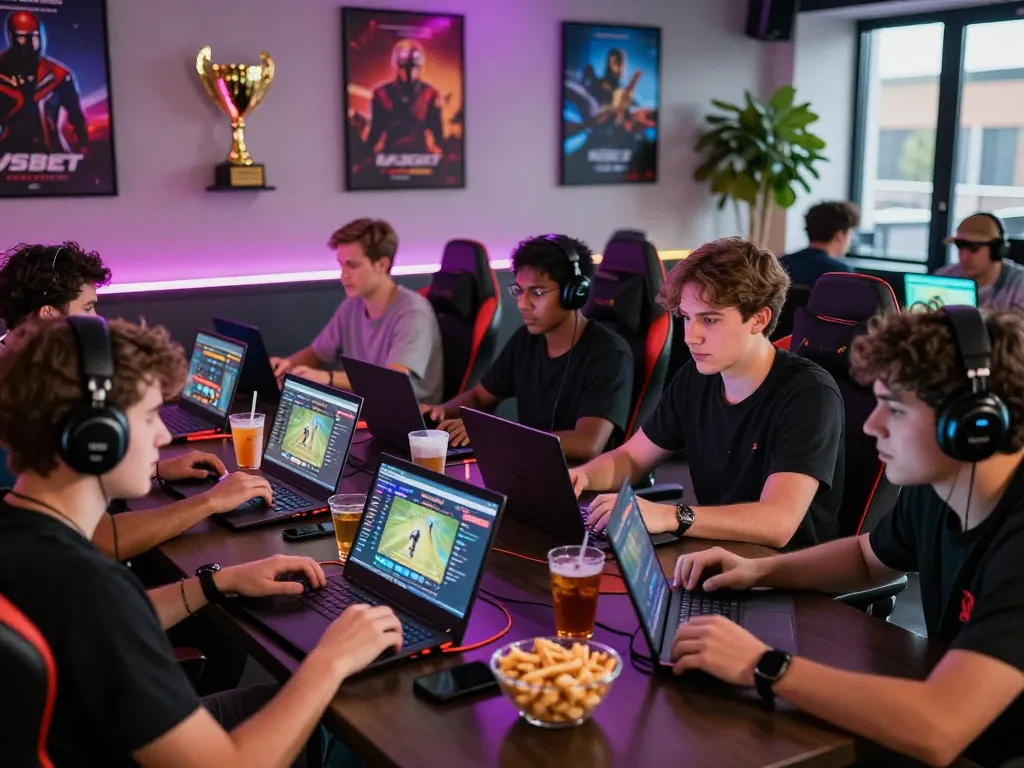 Engaging Vsbet gaming atmosphere with friends in a modern lounge.