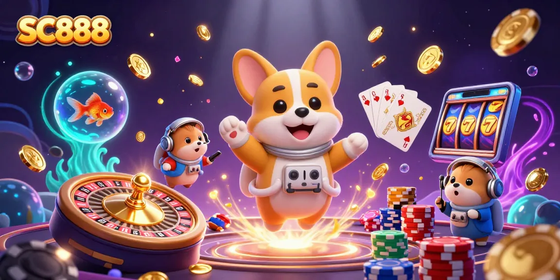 Experience the thrilling SC888 gaming environment with a 3D corgi astronaut, spinning roulette, and cascading coins in a dynamic scene.