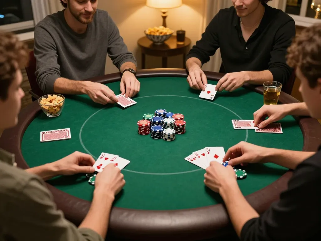 lc88 poker game night with friends around a stylish round table, capturing excitement and competitive atmosphere.