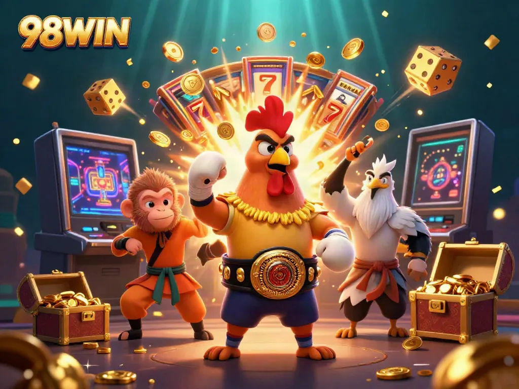 Experience thrilling wins at 98WIN with vibrant 3D cartoon characters and dynamic casino elements.