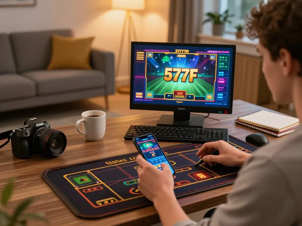 Player enjoying online gaming at 577F in a cozy setup, smartphone displaying dynamic casino app.