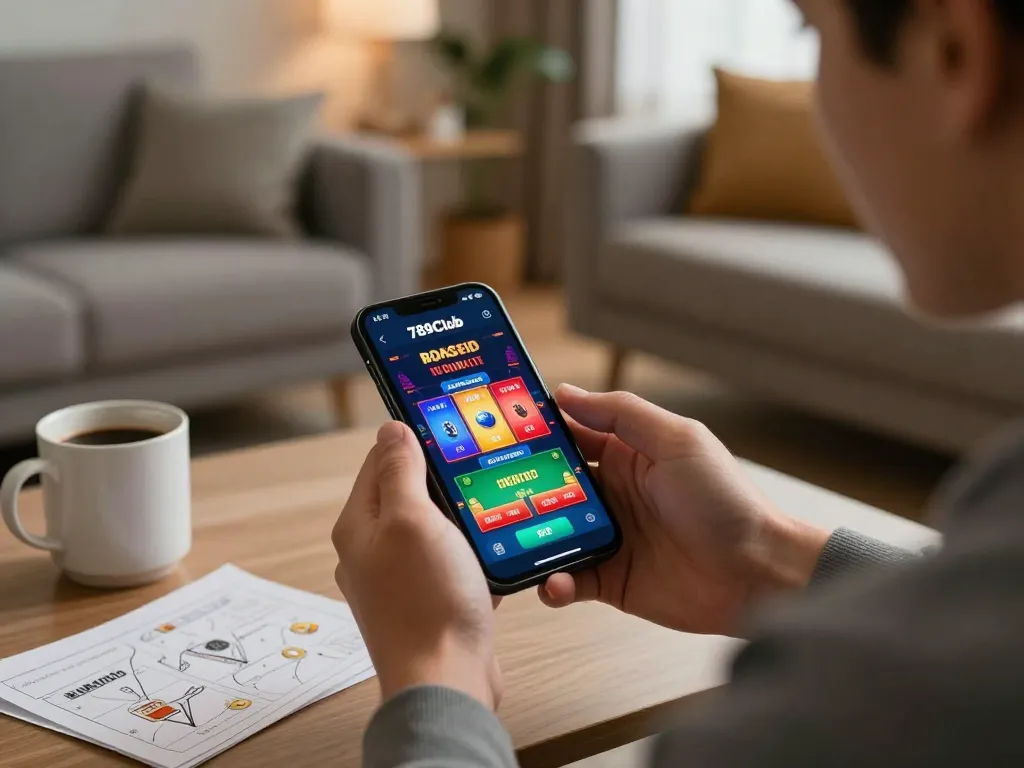 Player enjoying gaming action on the 789Club app in a cozy home setting