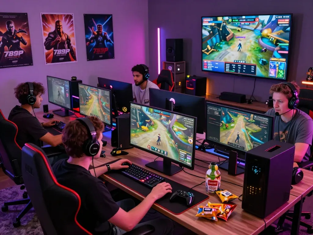 Group of friends gaming together, enjoying game 789P on high-definition screens with snacks and vibrant LED lighting.