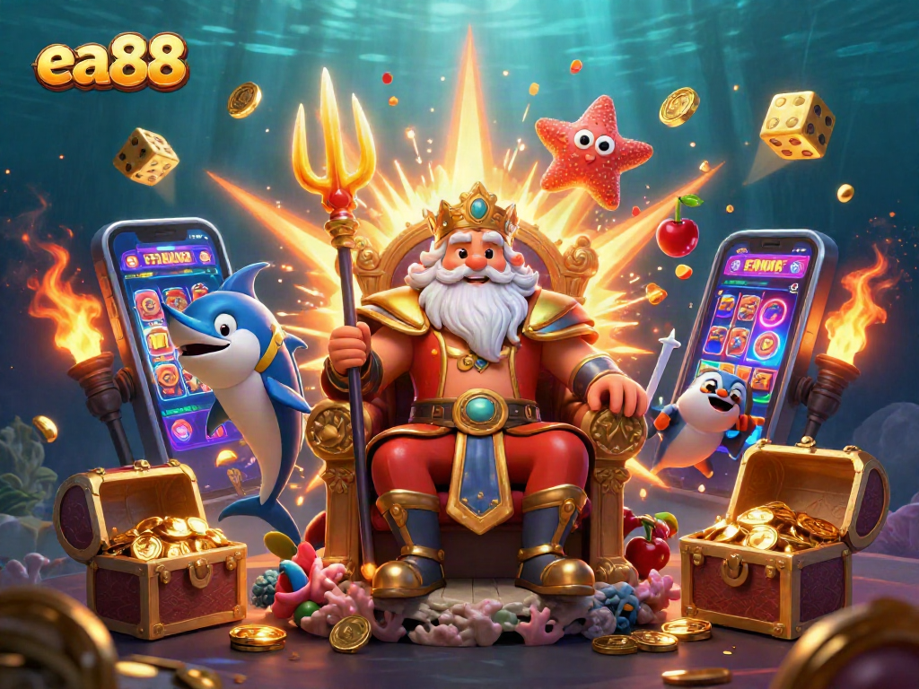 Spin the reels at ea88 with a vibrant underwater casino scene bursting with winning symbols.