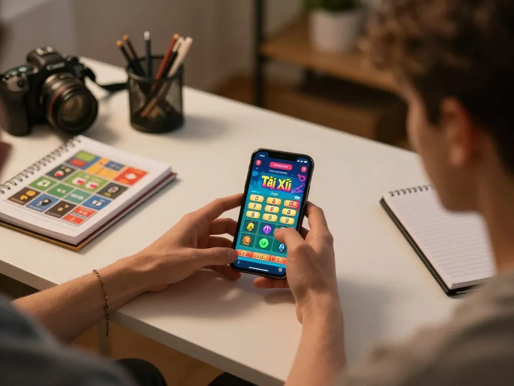 Tài Xỉu online gaming session shows player strategizing with vibrant app interface on smartphone.