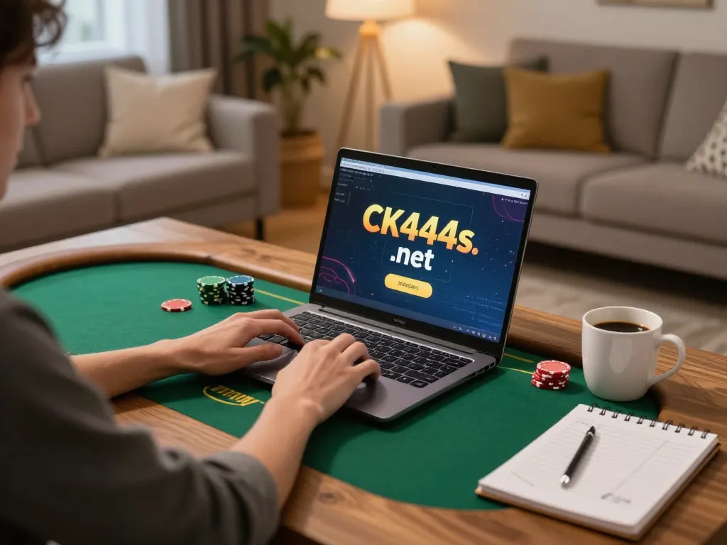 Engaging in poker gameplay on ck444s.net with warm home lighting and strategic notes.