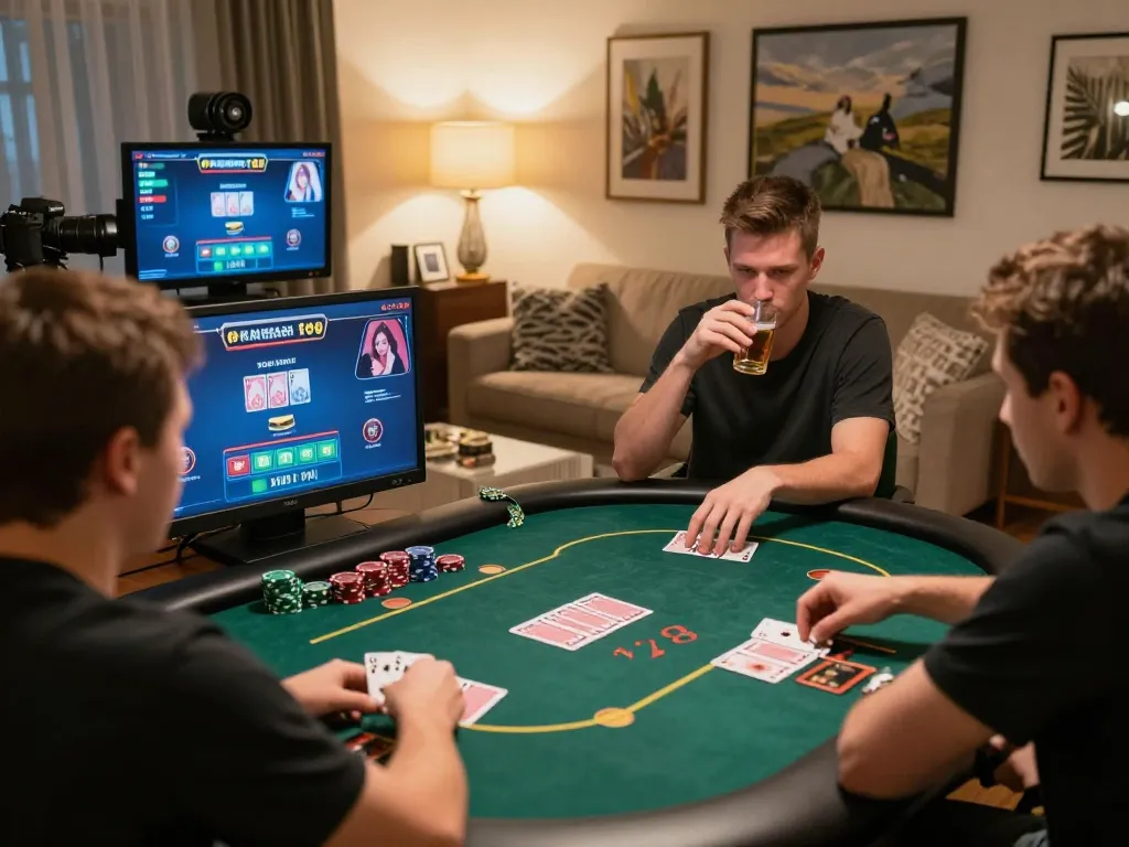 Engaged player strategizing in a vibrant v788 online poker game at home, showcasing multiple screens and cozy ambiance.
