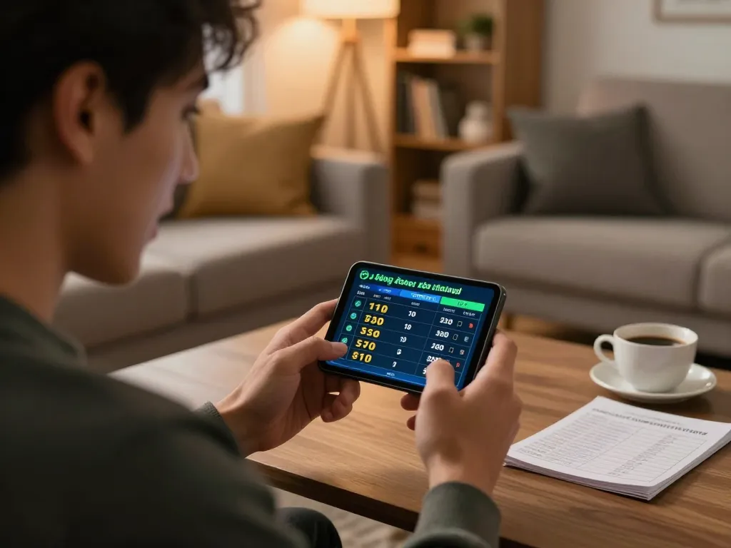 Excited player analyzing kèo bóng đá trực tuyến on smartphone while enjoying a cozy home atmosphere