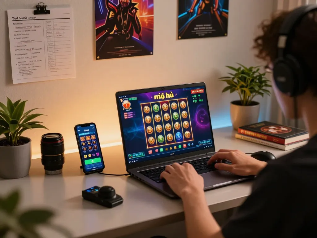 Engaging in nổ hũ gameplay on a laptop, surrounded by gaming strategy notes and smartphone