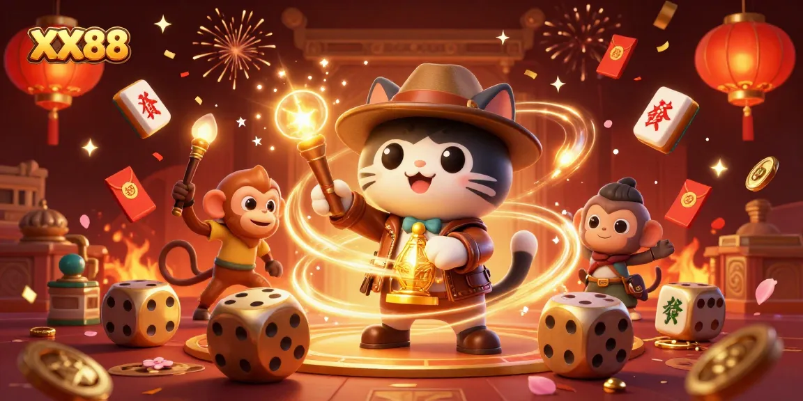 Experience the thrill of XX88 with an adventurous cat explorer and dynamic casino elements.