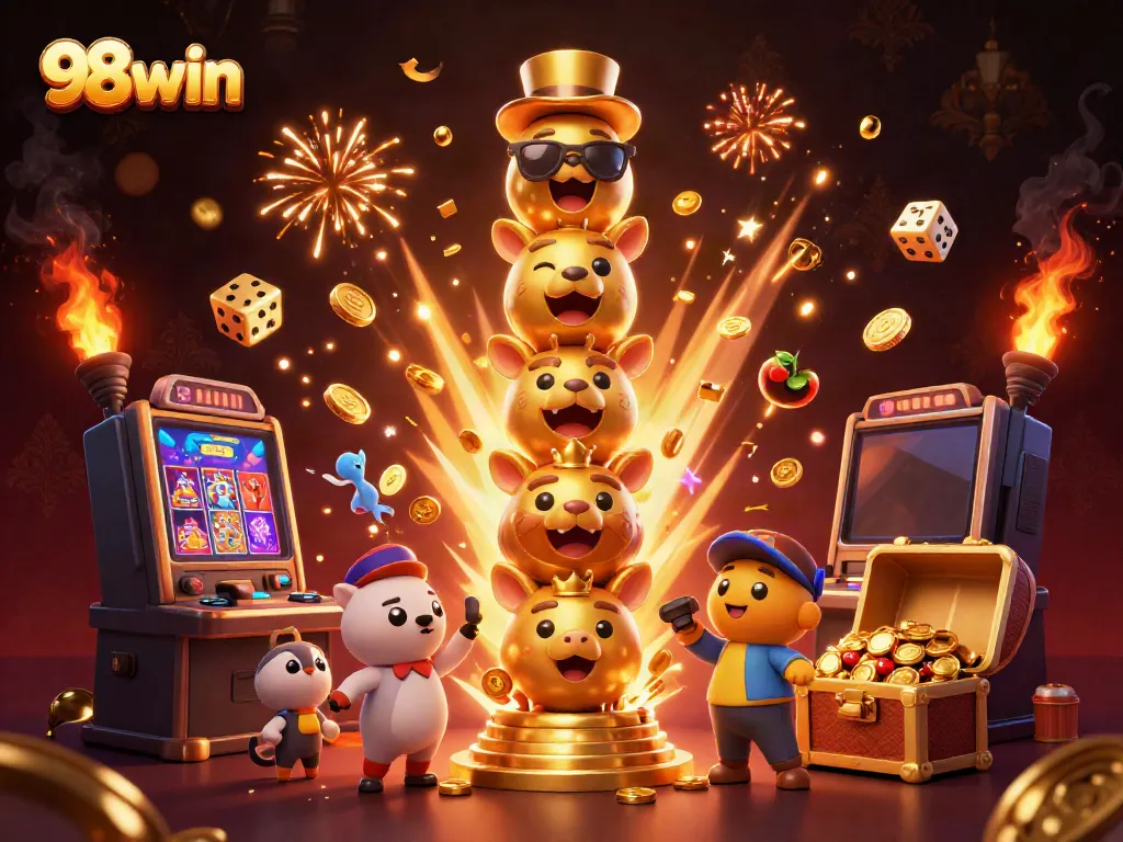 Experience the thrilling world of 98win with an engaging 3D casino scene full of exciting game elements.