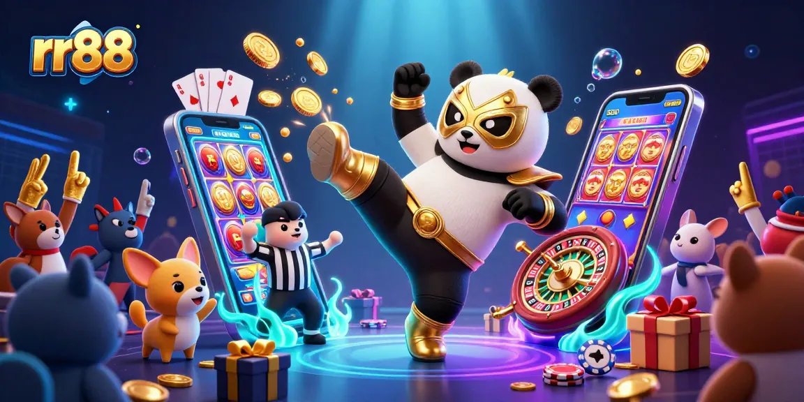 rr88 showcases a thrilling 3D scene with engaging casino games and vibrant characters in action.