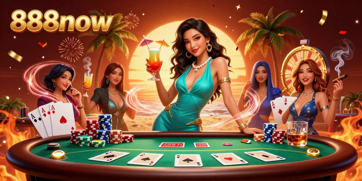 Experience thrilling gameplay at 888now with a glamorous illustration of casino excitement and atmosphere.
