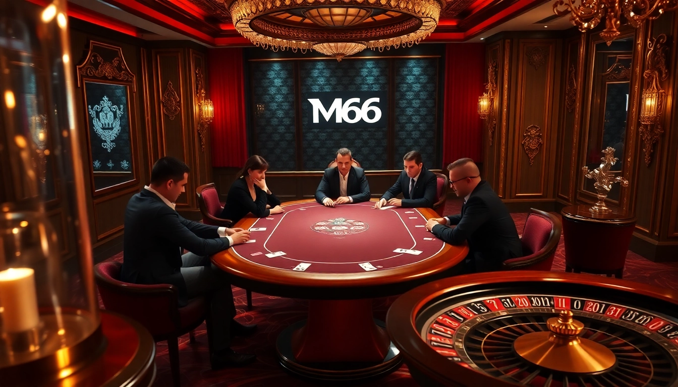 Players enjoy a thrilling poker game at MB66 casino, surrounded by luxury and excitement.