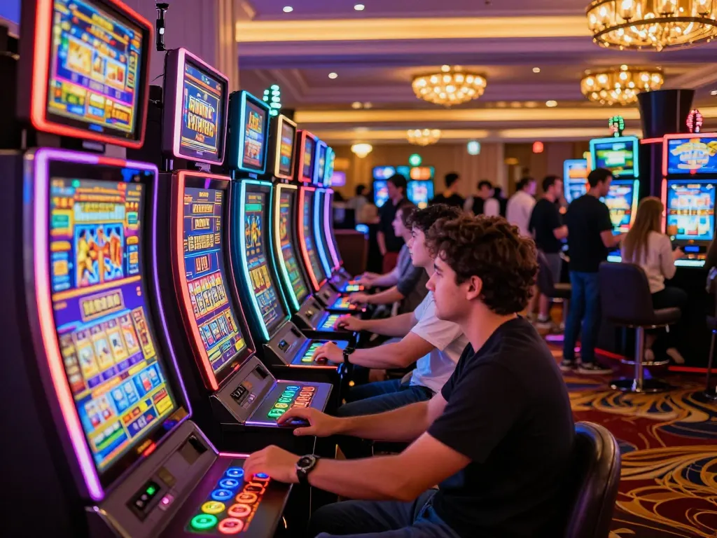 Players enjoying Slot Gacor games on colorful slot machines in a lively casino atmosphere