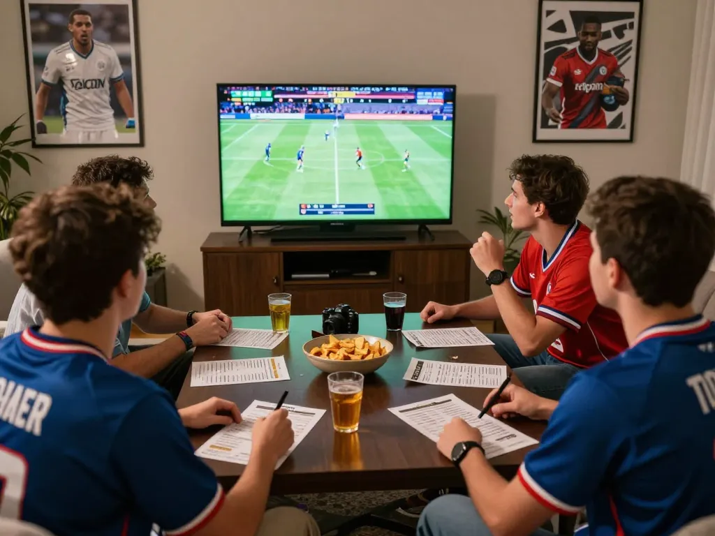Friends enjoying a thrilling sports betting night on Topbet with snacks and excitement in a cozy living room.