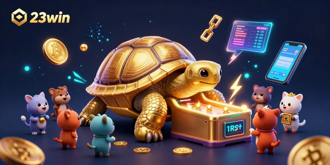 Experience the excitement of 23win with a vibrant 3D illustration showcasing a game-filled pinball tortoise, perfect for bettors.