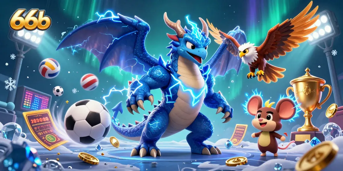 Engage with the dynamic action of 66b gambling, featuring a thunder dragon and sports elements.