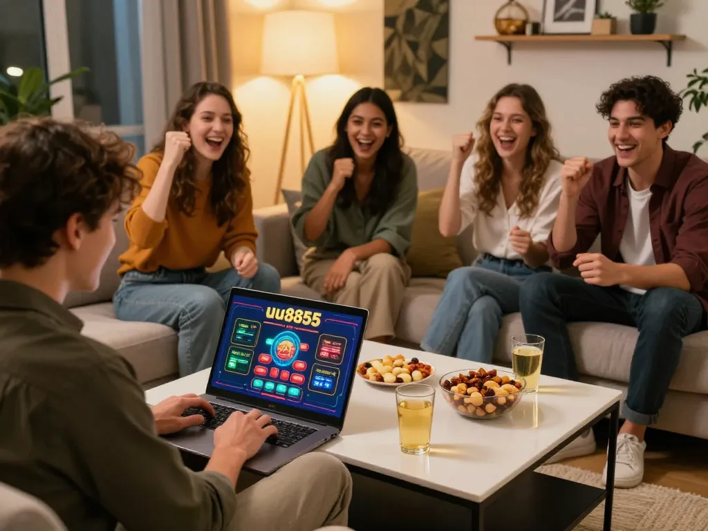 Friends enjoying a lively online gaming night at uu8855, showcasing the casino app on a laptop
