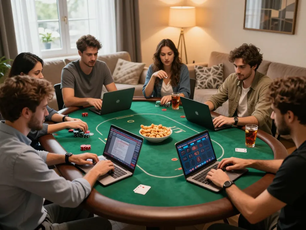 Players enjoying online poker at home using https://www.mnm88.com/ with camaraderie and excitement.