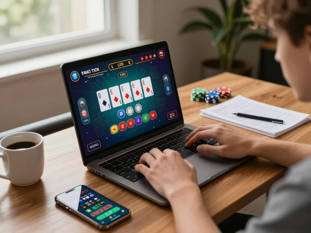 Engaged player strategizing on fabet online game, cozy home setup.